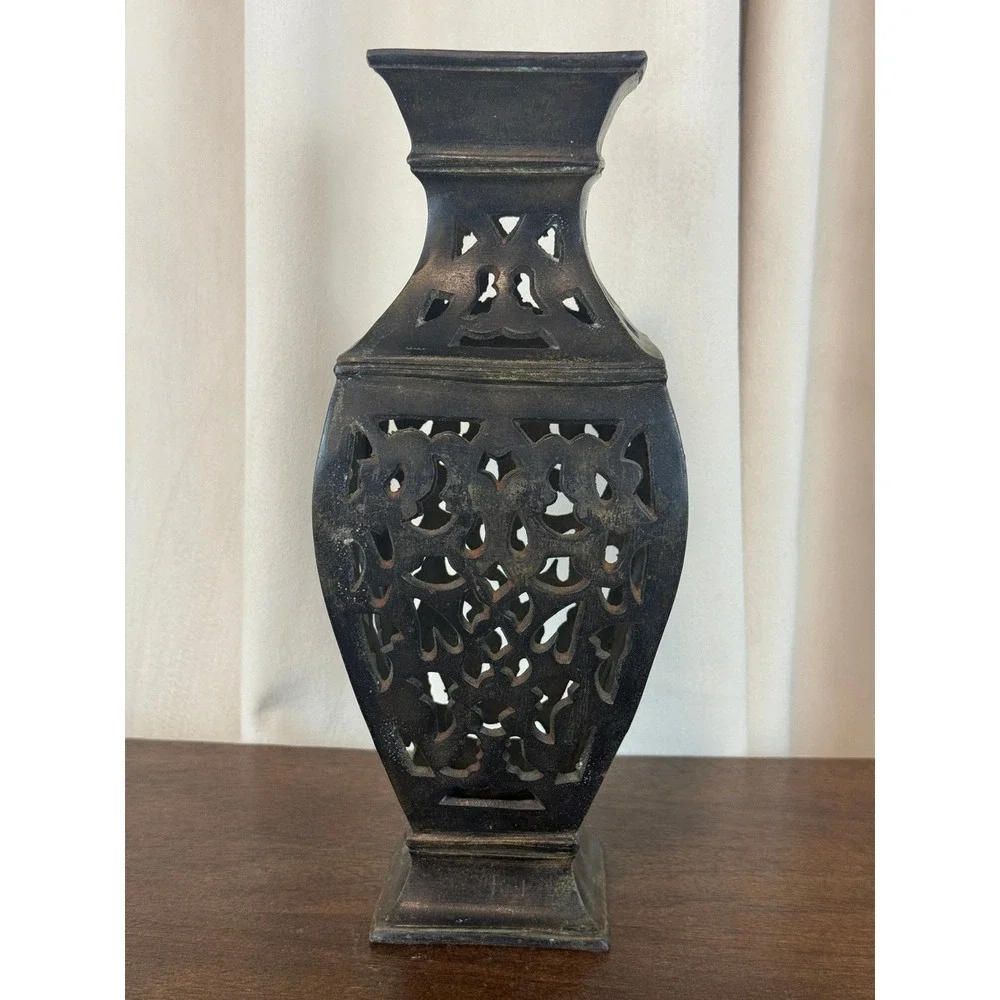 VTG Bronze‎ Hollow Vase Lantern Pierced Cut Work Verdigris 11